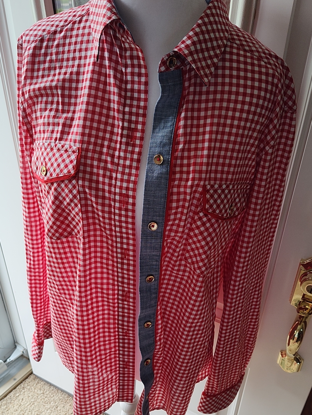 Womens Red Gingham Button-Up Shirt